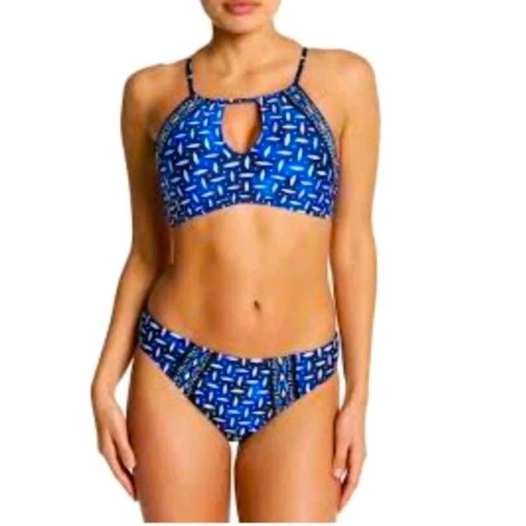 LA BLANCA Blue Daily Grind High Neck Keyhole Bikini Set Size 8 - Picture 1 of 16
